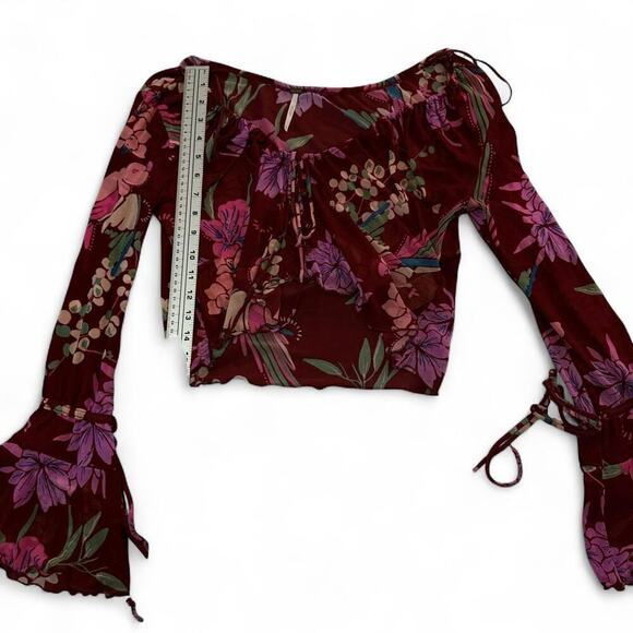 Free People Burgundy Floral Print Cropped Top With Bell Sleeves and tie front - Picture 3 of 7